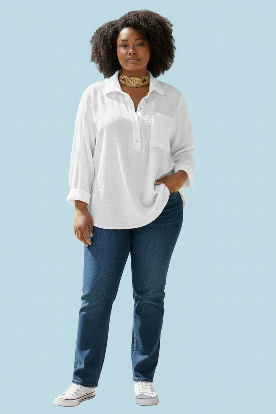 BKE White Textured Long Sleeve Blouse Size XL Lagenlook Nautical Boho